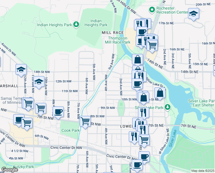 map of restaurants, bars, coffee shops, grocery stores, and more near 1100 4th Avenue Northwest in Rochester