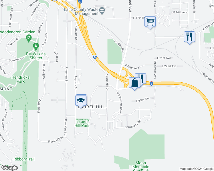 map of restaurants, bars, coffee shops, grocery stores, and more near 2500 Moon Mountain Drive in Eugene
