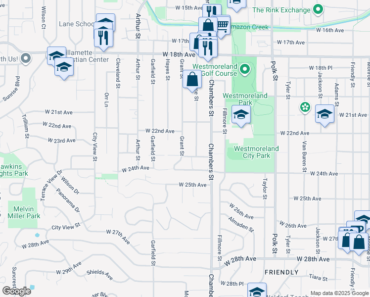 map of restaurants, bars, coffee shops, grocery stores, and more near 2285 Grant Street in Eugene