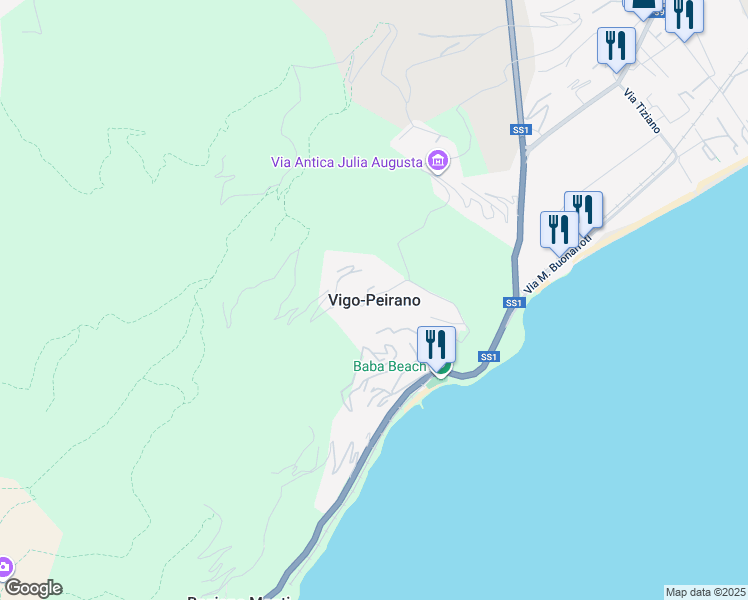 map of restaurants, bars, coffee shops, grocery stores, and more near in Vigo-Peirano