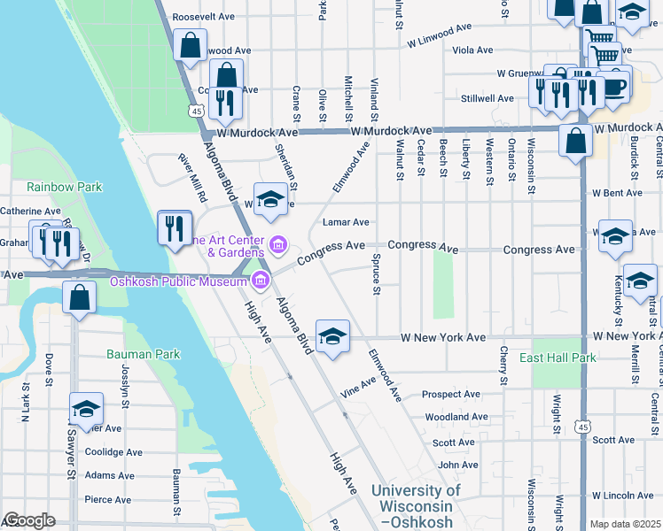 map of restaurants, bars, coffee shops, grocery stores, and more near 1285 Elmwood Avenue in Oshkosh