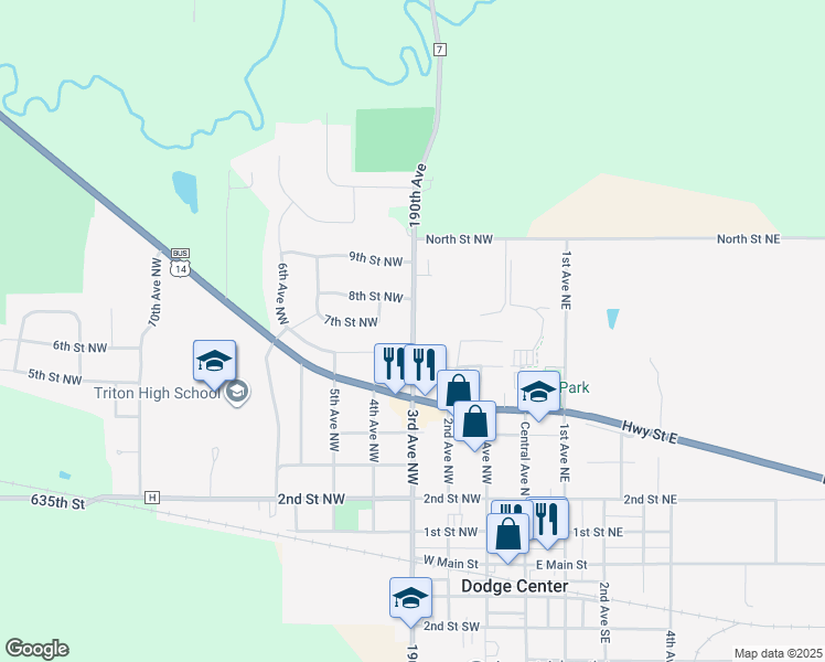 map of restaurants, bars, coffee shops, grocery stores, and more near 512 3rd Avenue Northwest in Dodge Center