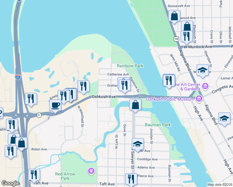 map of restaurants, bars, coffee shops, grocery stores, and more near 1313 Oshkosh Avenue in Oshkosh