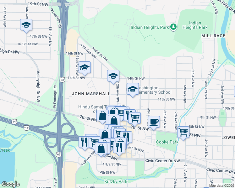 map of restaurants, bars, coffee shops, grocery stores, and more near 1205 12th Avenue Northwest in Rochester