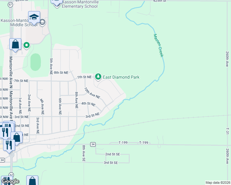map of restaurants, bars, coffee shops, grocery stores, and more near 1106 3rd Street Northeast in Kasson