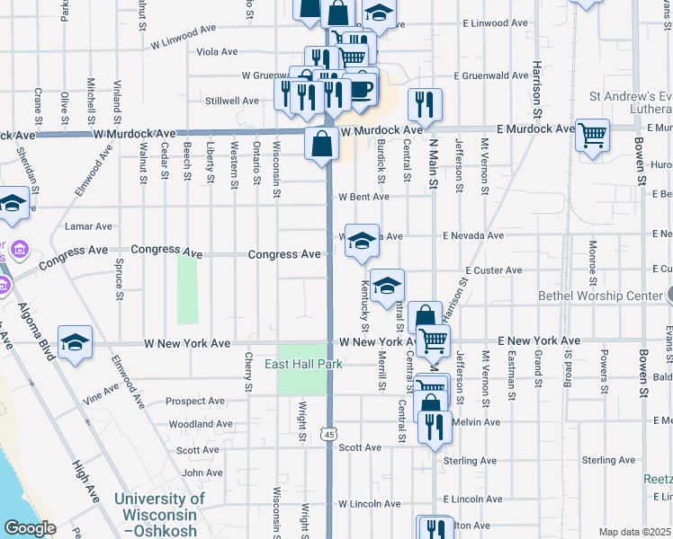 map of restaurants, bars, coffee shops, grocery stores, and more near 1310 Jackson Street in Oshkosh