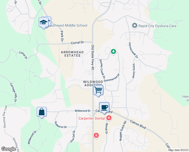 map of restaurants, bars, coffee shops, grocery stores, and more near 7802 Old State Highway 40 in Rapid City