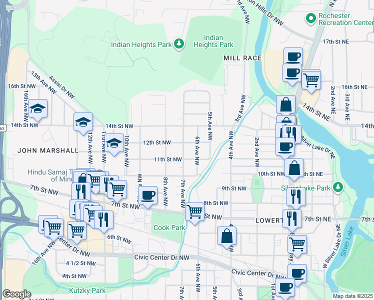map of restaurants, bars, coffee shops, grocery stores, and more near 1116 7th Avenue Northwest in Rochester