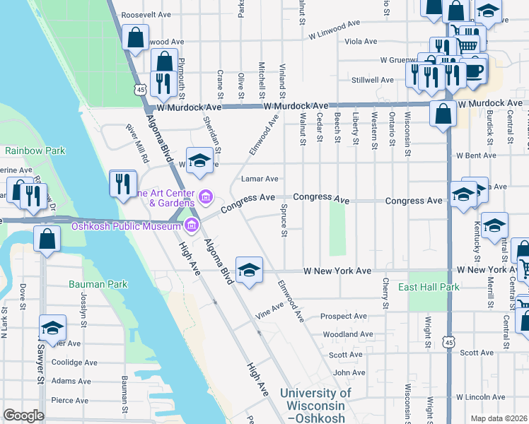 map of restaurants, bars, coffee shops, grocery stores, and more near 1262 Elmwood Avenue in Oshkosh