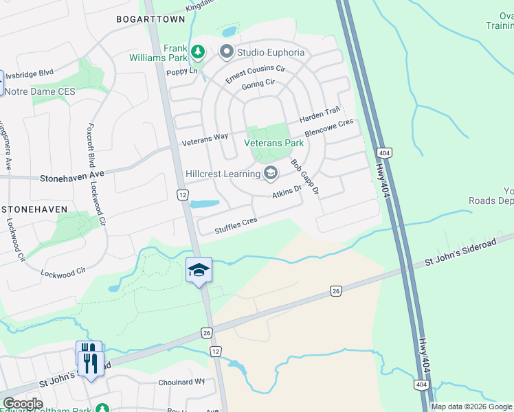 map of restaurants, bars, coffee shops, grocery stores, and more near 1141 Quick Street in Newmarket