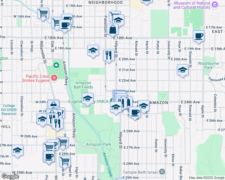 map of restaurants, bars, coffee shops, grocery stores, and more near 667 East 23rd Avenue in Eugene