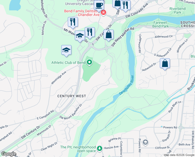 map of restaurants, bars, coffee shops, grocery stores, and more near 19717 Southwest Mount Bachelor Drive in Bend