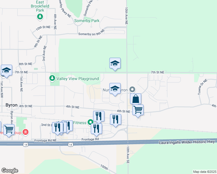 map of restaurants, bars, coffee shops, grocery stores, and more near 501 10th Avenue Northeast in Byron