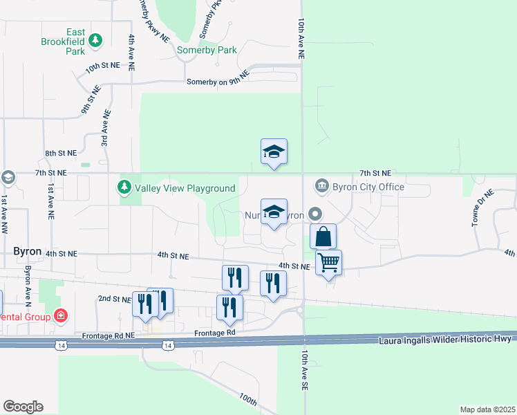 map of restaurants, bars, coffee shops, grocery stores, and more near 501 10th Avenue Northeast in Byron