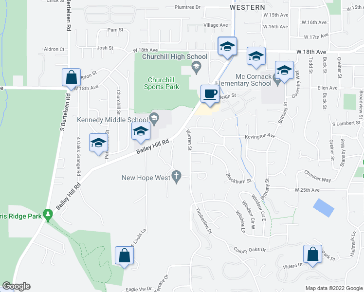 map of restaurants, bars, coffee shops, grocery stores, and more near 2300 Warren Street in Eugene
