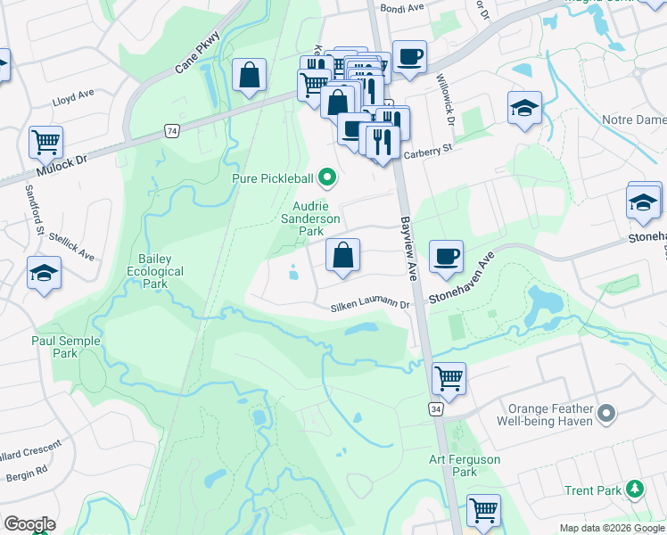 map of restaurants, bars, coffee shops, grocery stores, and more near 615 Heddle Crescent in Newmarket