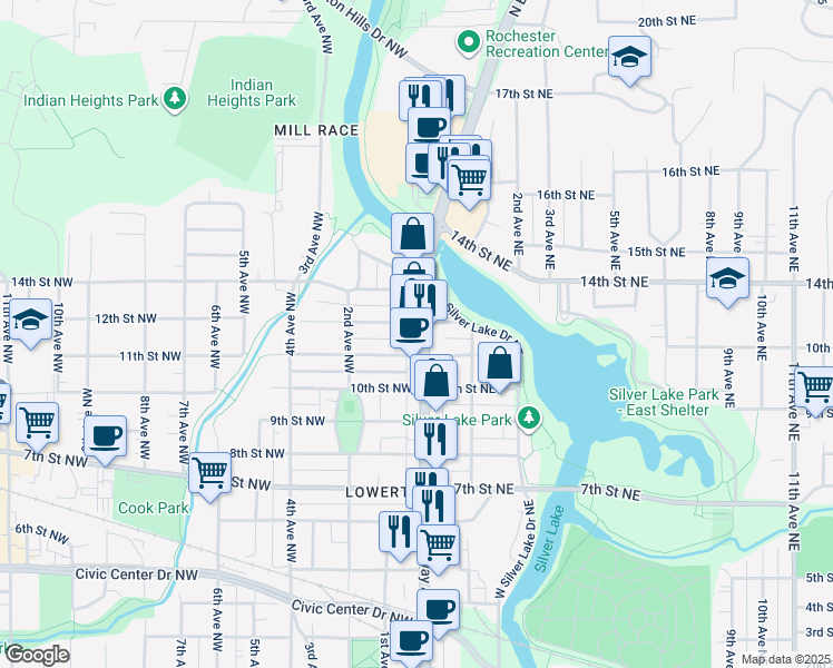 map of restaurants, bars, coffee shops, grocery stores, and more near 2 11th Street Northeast in Rochester