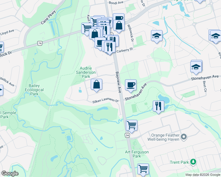 map of restaurants, bars, coffee shops, grocery stores, and more near in Newmarket