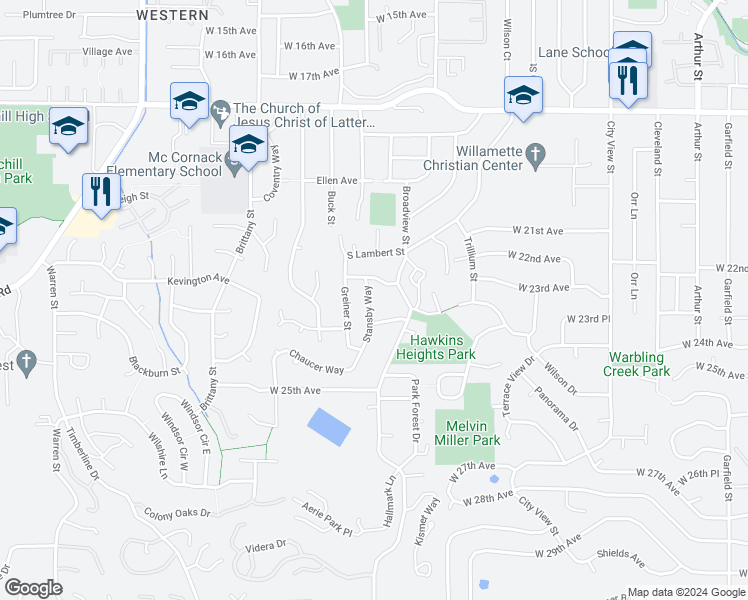 map of restaurants, bars, coffee shops, grocery stores, and more near 2363 Stansby Way in Eugene