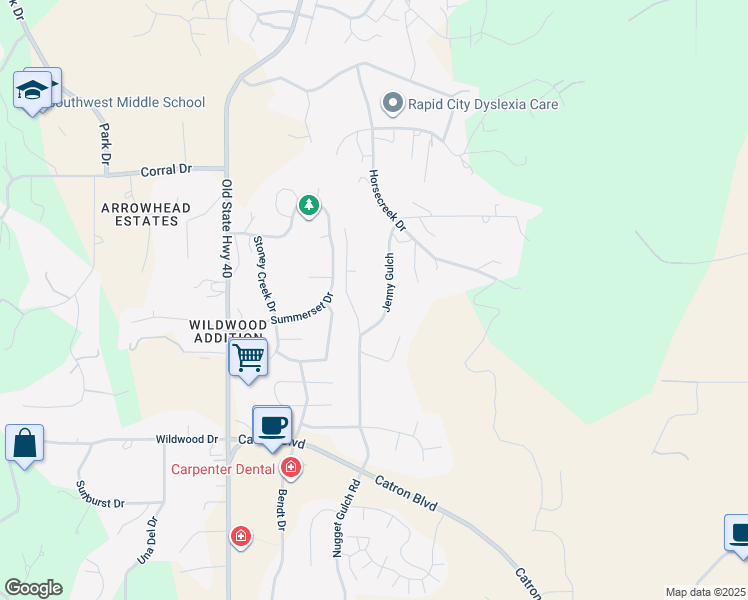 map of restaurants, bars, coffee shops, grocery stores, and more near 2734-2740 Jenny Gulch in Rapid City