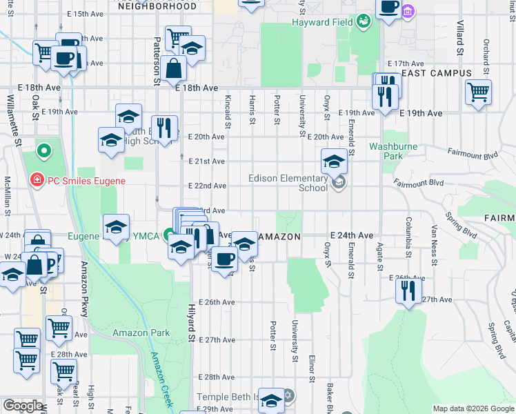map of restaurants, bars, coffee shops, grocery stores, and more near 2350 Harris Street in Eugene