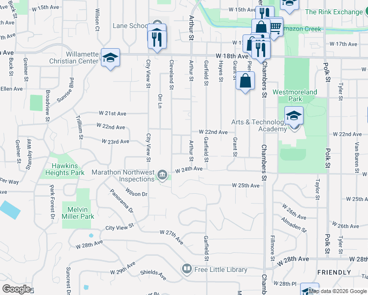 map of restaurants, bars, coffee shops, grocery stores, and more near 2110 West 23rd Avenue in Eugene