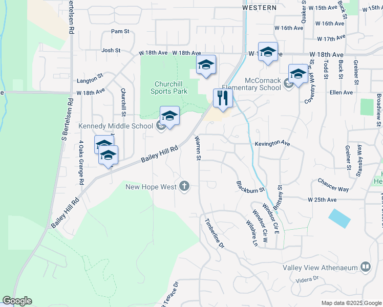 map of restaurants, bars, coffee shops, grocery stores, and more near 2300 Warren Street in Eugene