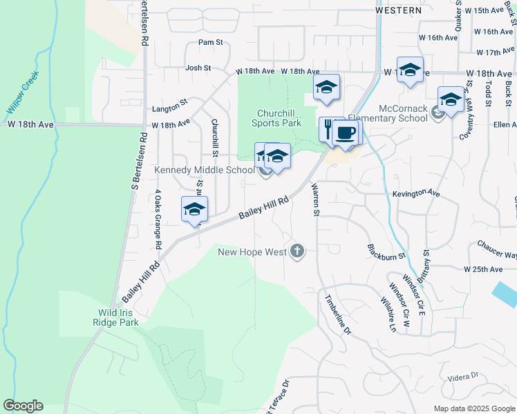 map of restaurants, bars, coffee shops, grocery stores, and more near 2205 Bailey Hill Road in Eugene