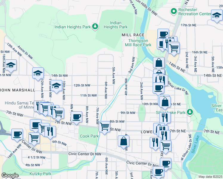 map of restaurants, bars, coffee shops, grocery stores, and more near 508 11th Street Northwest in Rochester