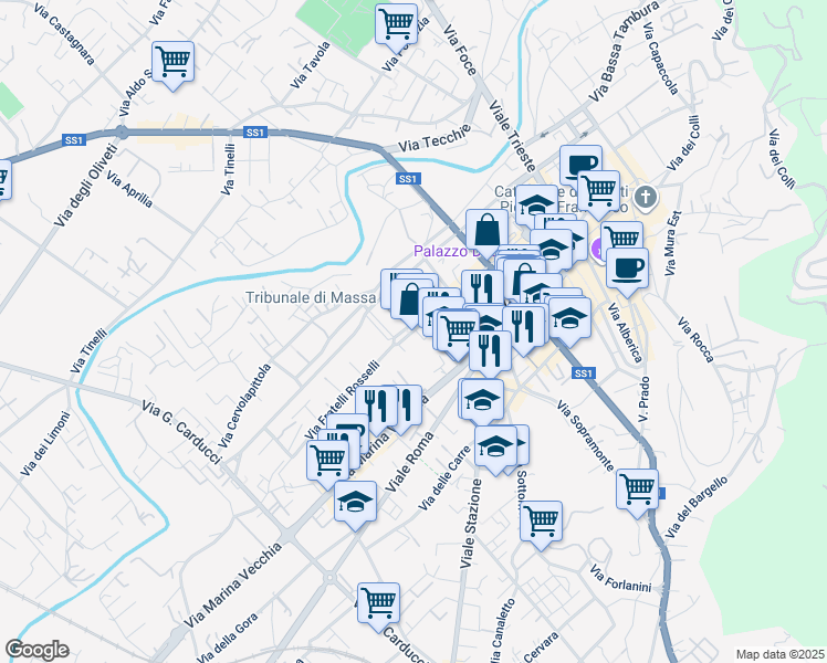 map of restaurants, bars, coffee shops, grocery stores, and more near 1 Piazza Alcide de Gasperi in Massa