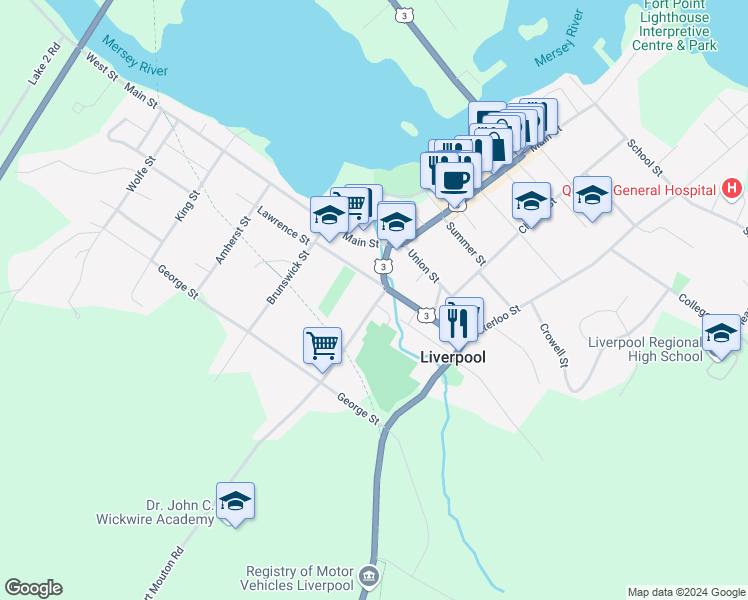 map of restaurants, bars, coffee shops, grocery stores, and more near 54 Old Port Mouton Road in Liverpool
