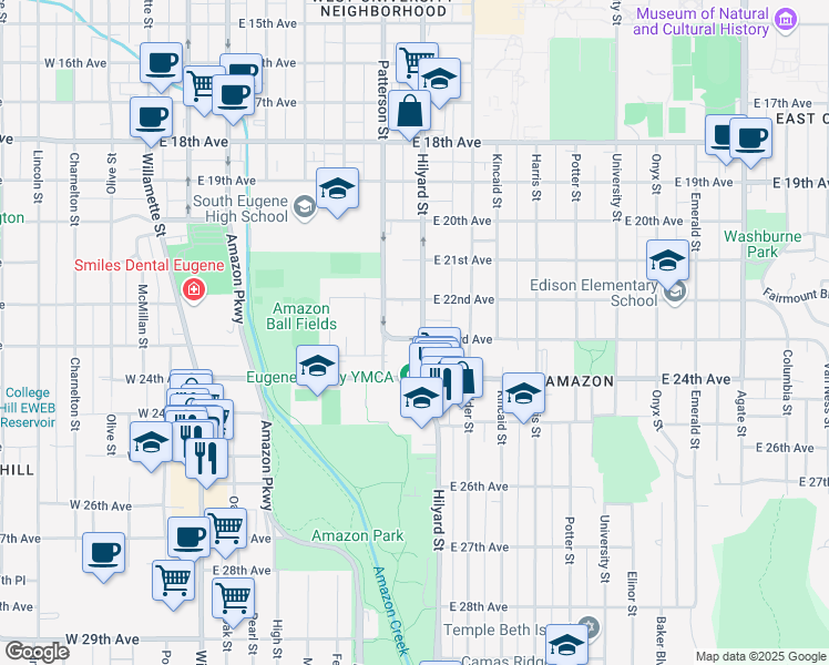 map of restaurants, bars, coffee shops, grocery stores, and more near 2288 Hilyard Street in Eugene