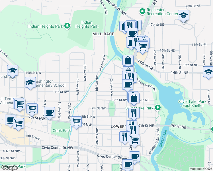 map of restaurants, bars, coffee shops, grocery stores, and more near 1207 2nd Avenue Northwest in Rochester