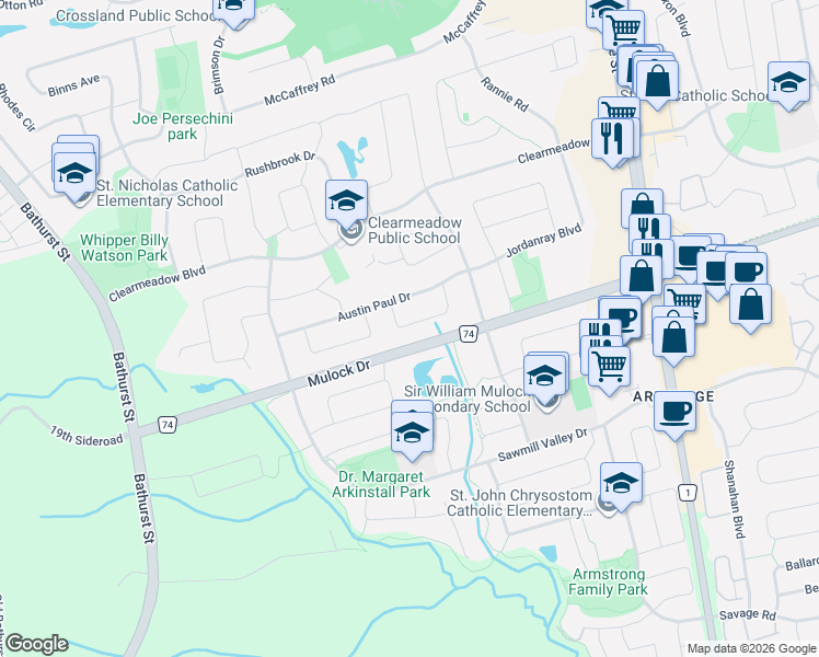 map of restaurants, bars, coffee shops, grocery stores, and more near 120 Bothwell Crescent in Newmarket