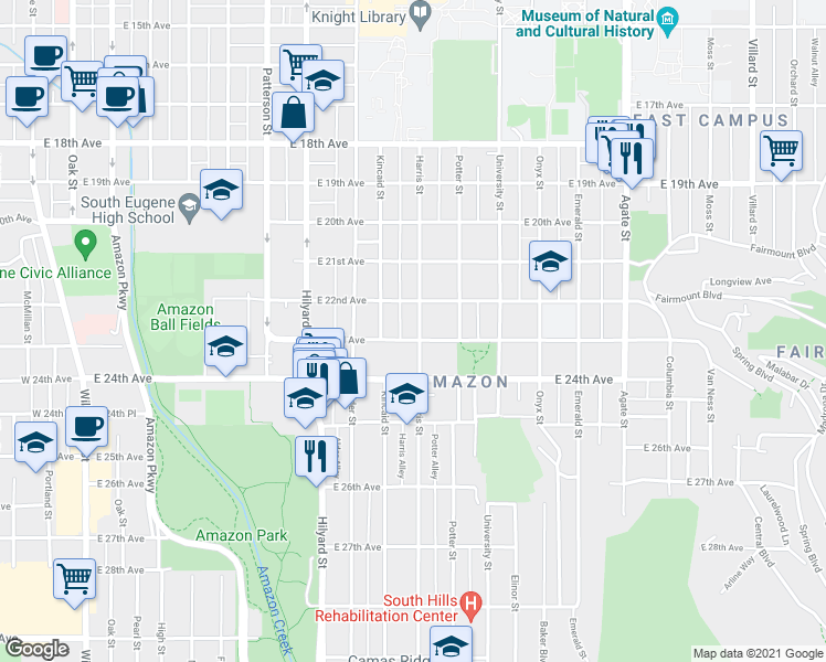 map of restaurants, bars, coffee shops, grocery stores, and more near 2290 Harris Street in Eugene
