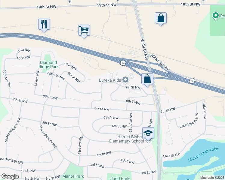 map of restaurants, bars, coffee shops, grocery stores, and more near in Rochester