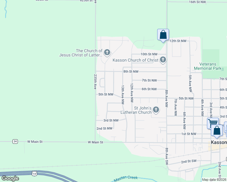 map of restaurants, bars, coffee shops, grocery stores, and more near 14th Avenue Northwest in Kasson