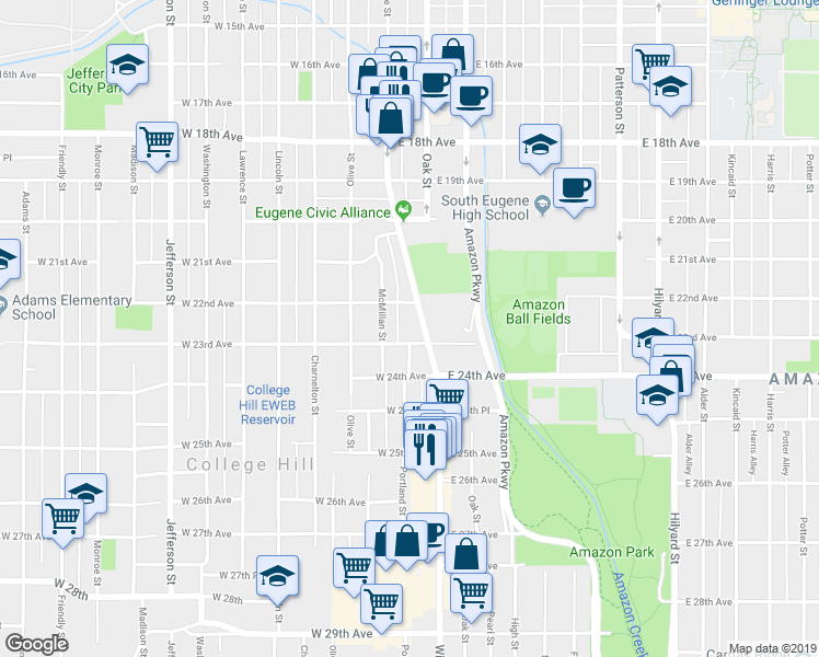map of restaurants, bars, coffee shops, grocery stores, and more near in Eugene