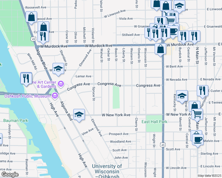 map of restaurants, bars, coffee shops, grocery stores, and more near 1002 Congress Avenue in Oshkosh
