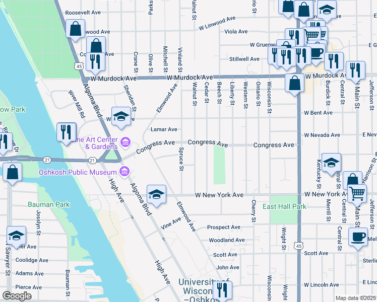 map of restaurants, bars, coffee shops, grocery stores, and more near 1402 Spruce Street in Oshkosh
