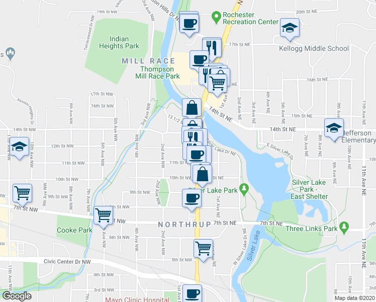 map of restaurants, bars, coffee shops, grocery stores, and more near 16 12th Street Northwest in Rochester