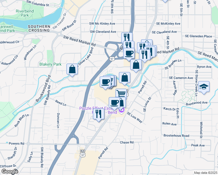 map of restaurants, bars, coffee shops, grocery stores, and more near 179 SW Hayes Ave in Bend
