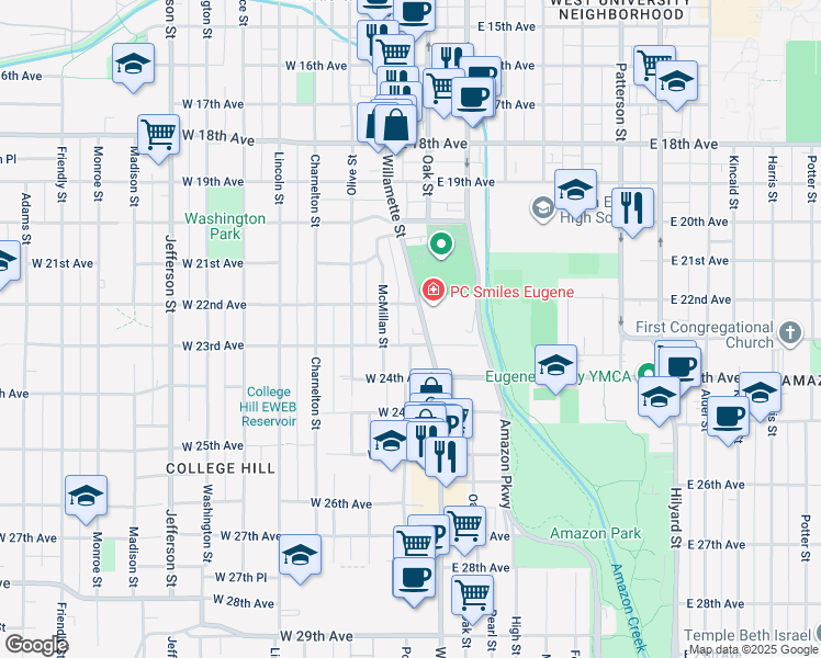 map of restaurants, bars, coffee shops, grocery stores, and more near 2222 Willamette Street in Eugene