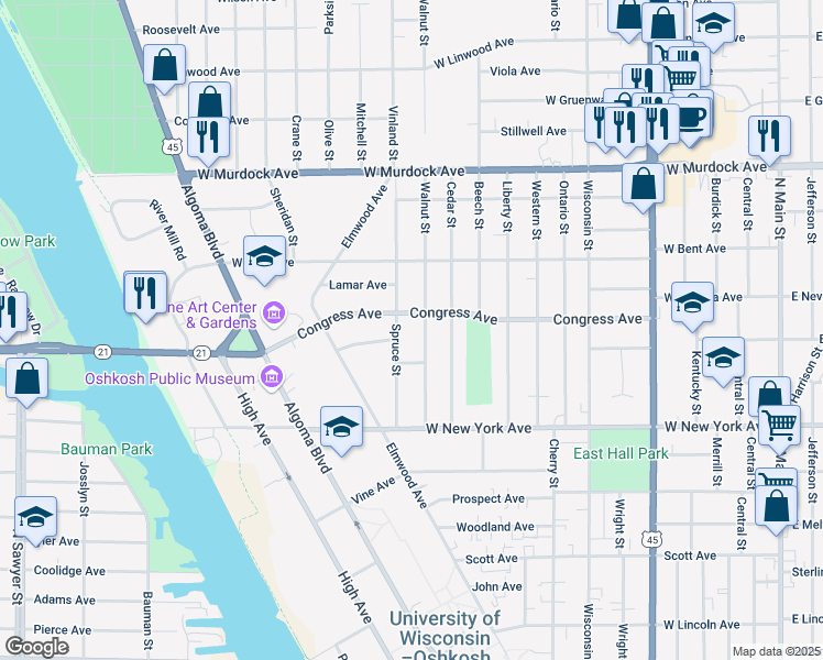 map of restaurants, bars, coffee shops, grocery stores, and more near 1402 Spruce Street in Oshkosh