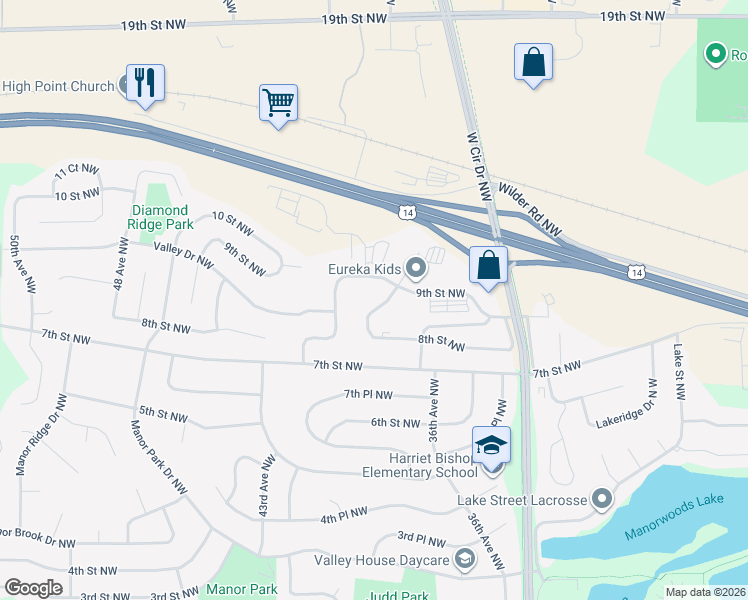 map of restaurants, bars, coffee shops, grocery stores, and more near 875 37th Avenue Northwest in Rochester