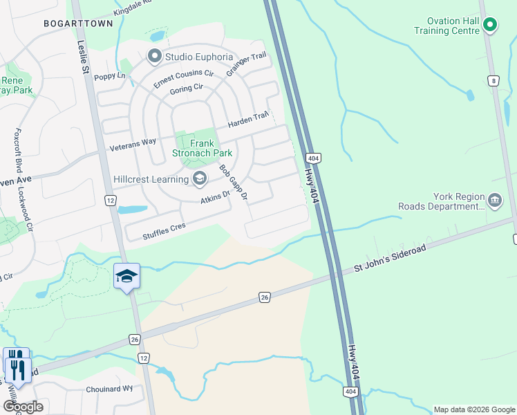 map of restaurants, bars, coffee shops, grocery stores, and more near 1276 Shortreed Terrace in Newmarket