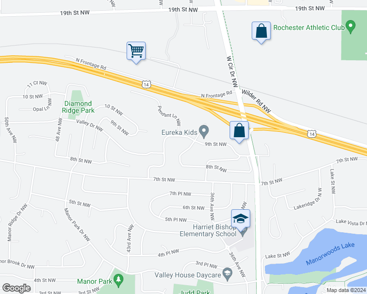 map of restaurants, bars, coffee shops, grocery stores, and more near 879 37th Avenue Northwest in Rochester