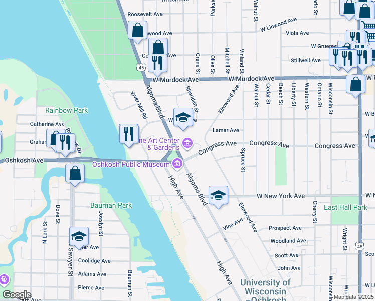 map of restaurants, bars, coffee shops, grocery stores, and more near 1410 Algoma Boulevard in Oshkosh