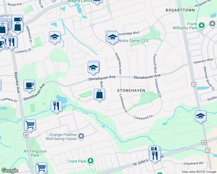 map of restaurants, bars, coffee shops, grocery stores, and more near 816 Norwick Road in Newmarket