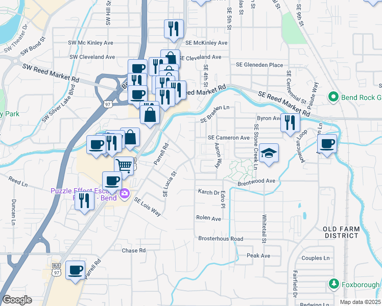 map of restaurants, bars, coffee shops, grocery stores, and more near 20435 Angel Court in Bend